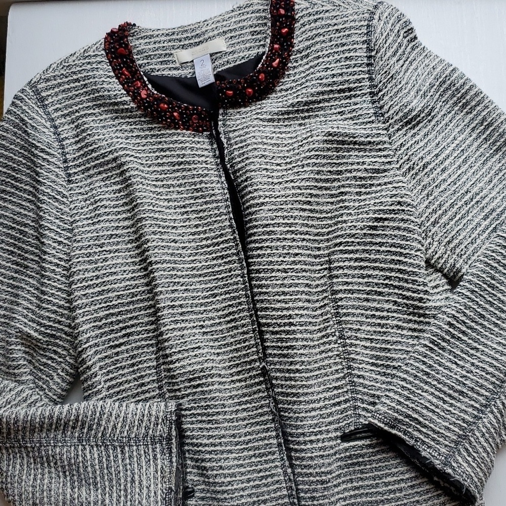 Chico's Black, White, Silver Tweed Jacket with Embellished Neckline 2 / L - Picture 3 of 11
